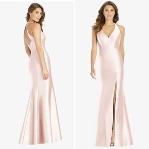 Alfred Sung V-Neck Halter Satin Trumpet Gown in Blush Pink Women's Size 16 $244
